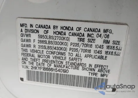 2006 Honda Pilot Ex-L z USA, uszkodzony, nr VIN 2HKYF18666H540190